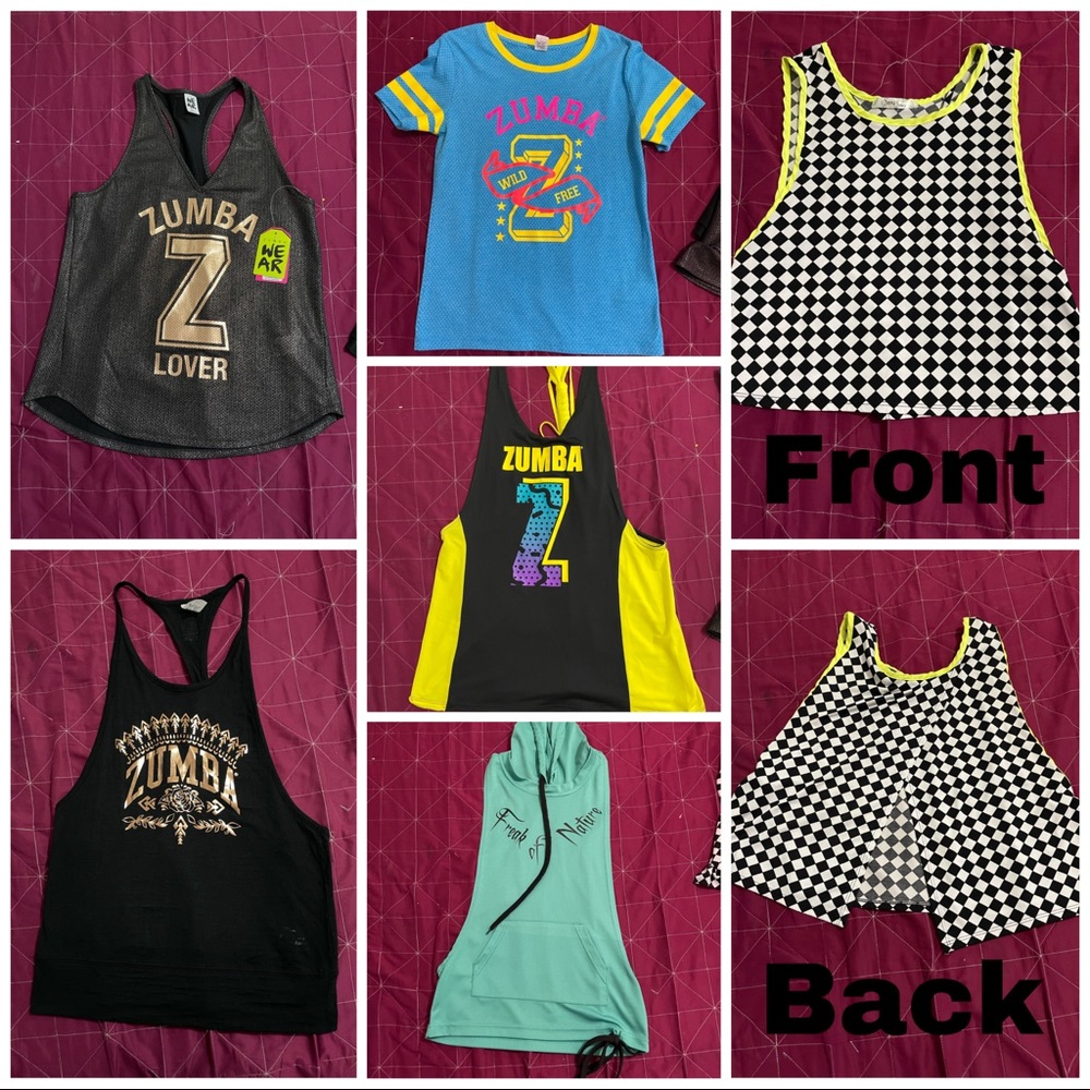 4 Zumba Tops, 1 new with tags & 2 gym tops